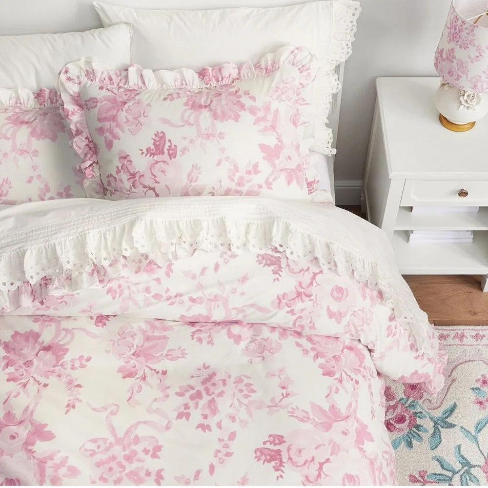 LoveShackFancy Damask Ruffle Duvet Cover Full Queen NEW - Picture 2 of 5
